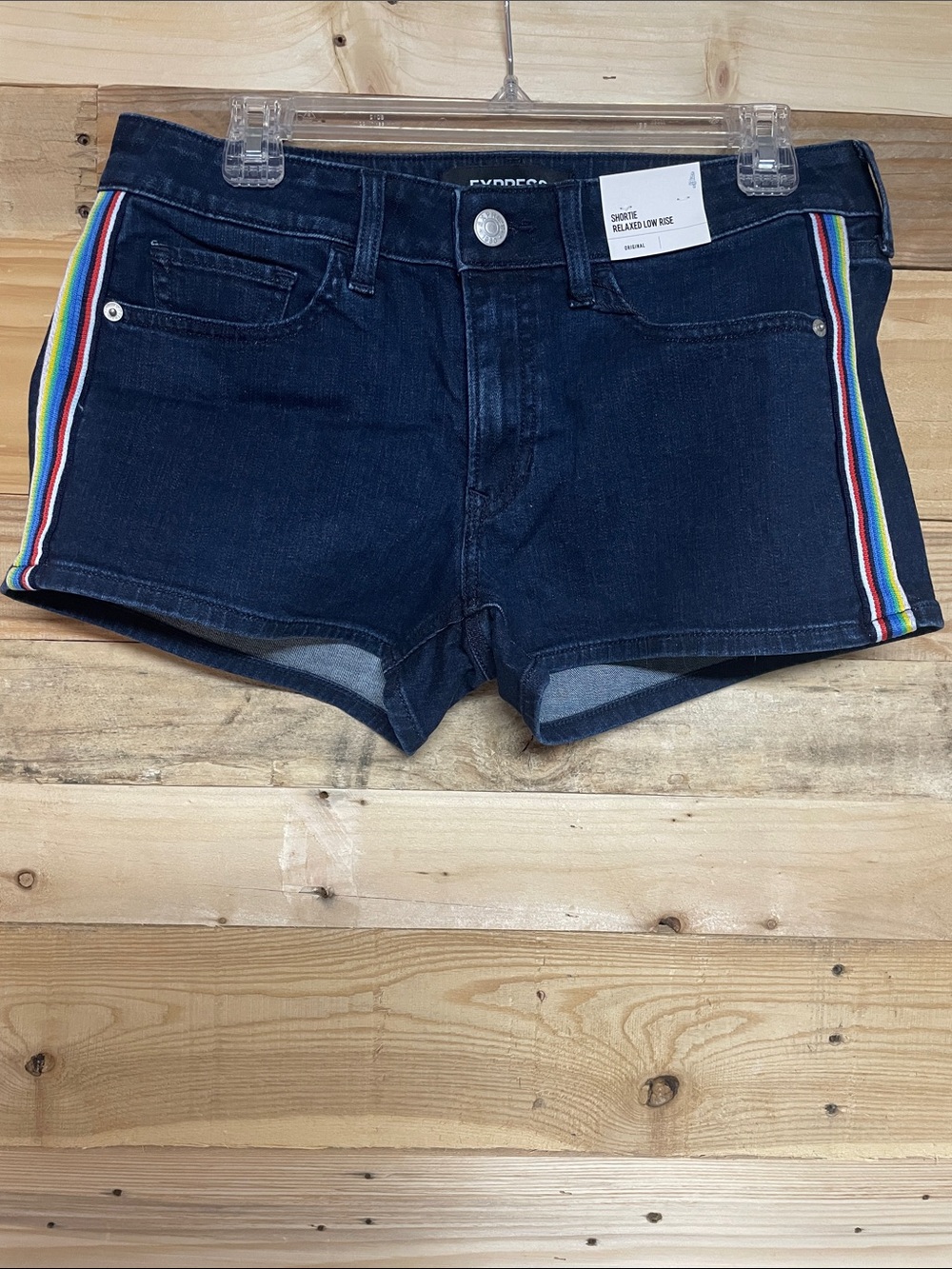 Express relaxed low rise shortie shorts with rainbow detail on the sides
